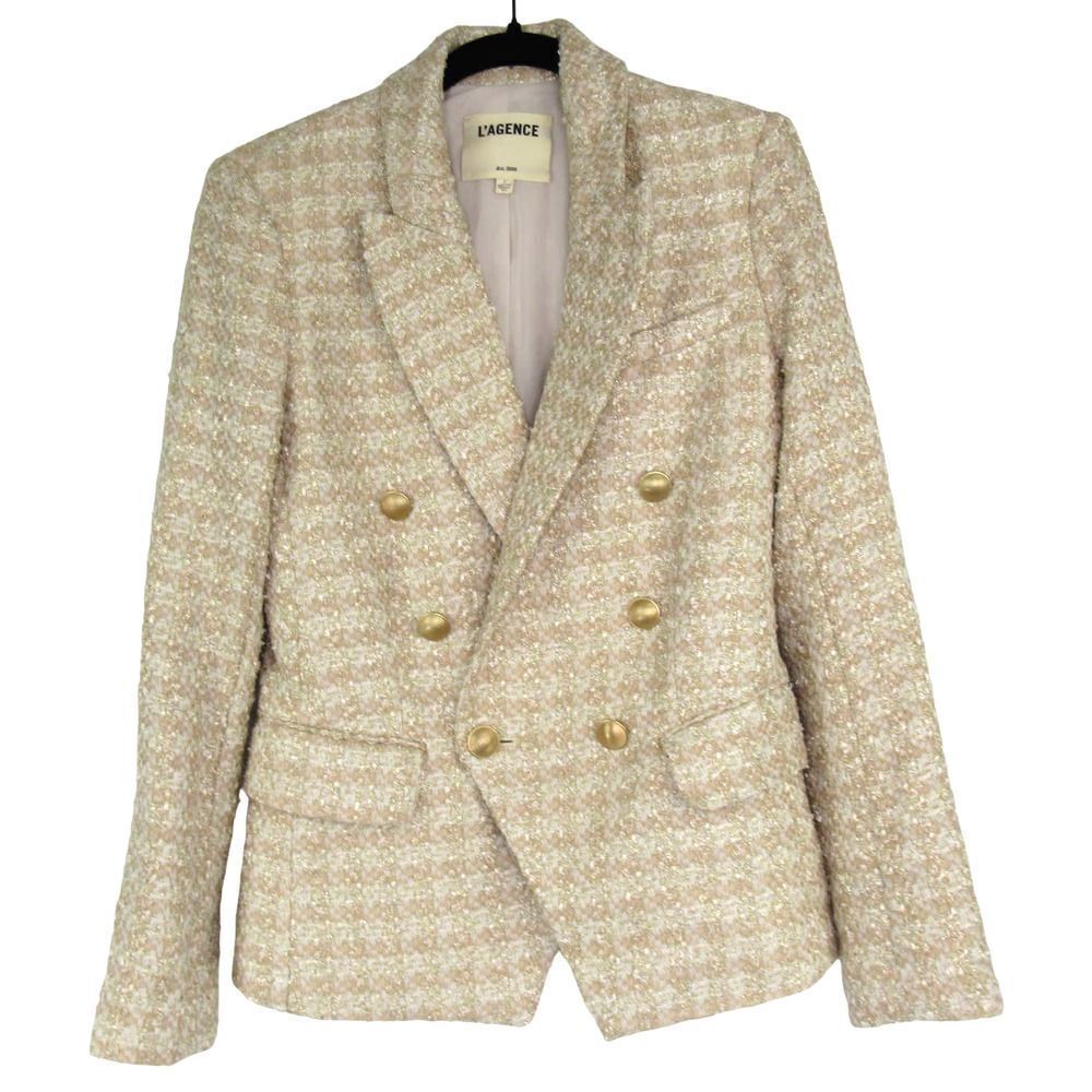 L’Agence Kenzie Tweed Double Breasted Blazer in Beige Gold Size 2